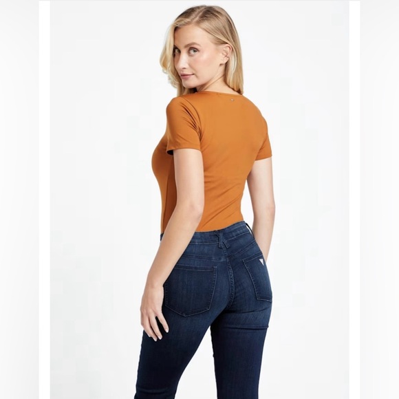 Guess Orange Scoop Neck Short Sleeve Ania Seamless Bodysuit NWT - Picture 3 of 11